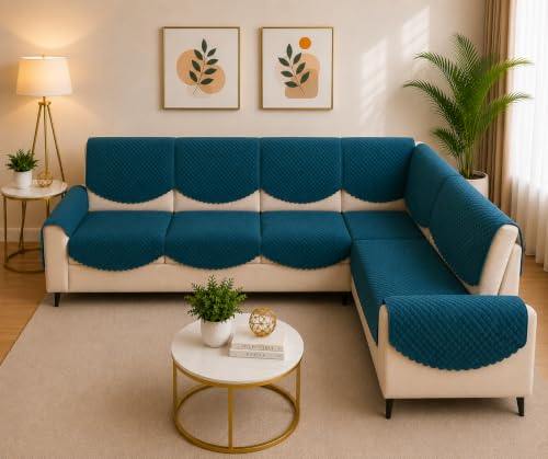 Image of Solid Color 7 Seater L-Shape Sofa Cover, Quilted Texture, Sectional Couch Protector for Living Room-Pack of 14 (Peacock Blue)