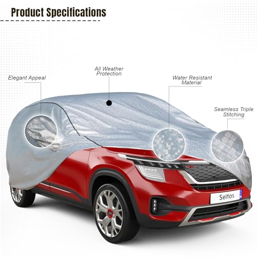 Image of Pivalo Car Cover for Kia Seltos All Model & Years (2019-2024) 100% Waterproof with Mirror Pockets, Triple Stitched Bottom Elastic Dustproof Full Body Protection (Heat & UV Resistant, Silver)