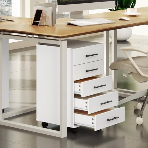Image of HOOBRO 5-Drawer File Cabinet, Office Filing Cabinet with Drawers, Wooden Mobile Storage Cabinet with Wheels, for Makeup, Home Office, Easy Assembly, White WT05WJ01G1