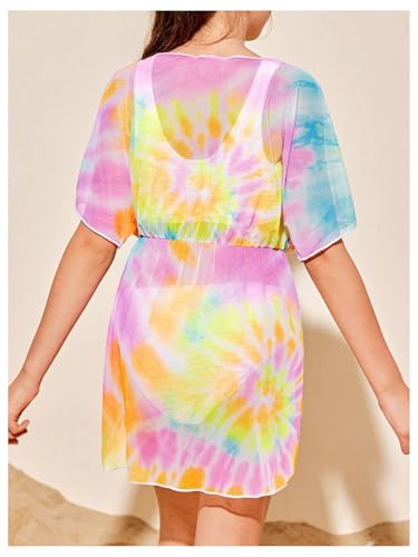 Milumia Girl's Tie Dye Sheer Bowknot Crew Neck Swimwear Cover Up Mesh Coverups2