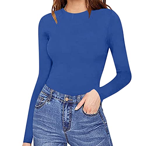 Generisch Body de manga larga para mujer, sexy, cuello redondo, manga larga, bodys estrecho, body para mujer, body elástico, manga larga, camiseta de manga larga, O azul., S