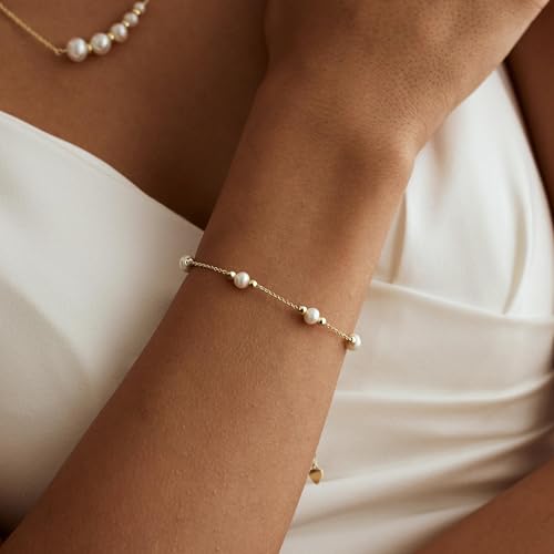 Pearls Bracelets for Women 18K Gold Plated Freshwater AAAA Pearls Dainty Chain Link Bracelets - Double Golden Beads2