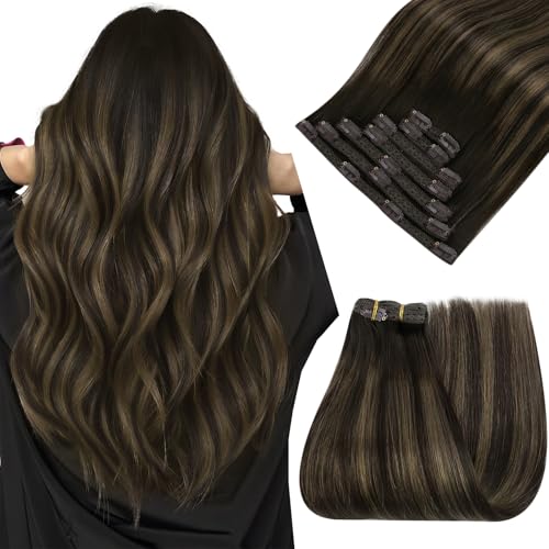 Easyouth Clip in Extensions Balayage Soft and Silky Human Hair Clip in Extensions Dark Brown Mix Medium Brown Highlights Balayage Clips on Hair Extension for Women 18 Inch 7Pcs 120G