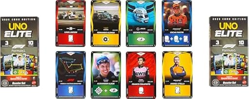Mattel Games UNO Elite Fórmula 1 Edición Principal 2025, Pack de 2 Conjuntos de propulsores con 60 Tarjetas Especiales Elite, JLV45 | Ya disponible en tu tienda friki favorita! En mundofriki.es!