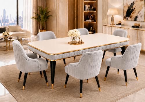 Image of WOODEN SPACE 6-Seater Wooden Dining Table Set | Nano Composite Marble Top | Solid Wood Base | Modern Dining Room Furniture with 6 Chairs (Light Grey Modern Zyro)