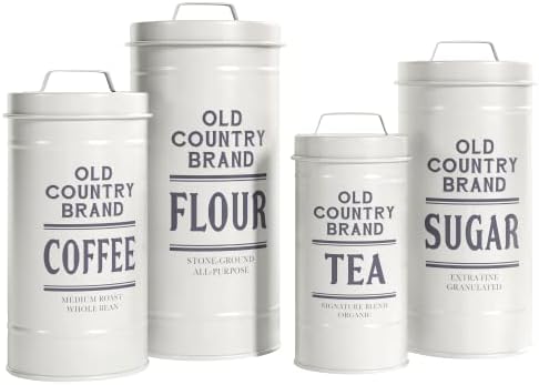 Barnyard Designs White Canister Units for Kitchen Counter, Classic Kitchen Canisters, Nation Rustic Farmhouse Decor for the Kitchen, Espresso Tea Sugar Flour Farmhouse Kitchen Decor, Steel, Set of 4