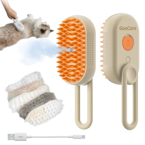 2nd Generation Spray Pet Grooming Brush for Dogs &amp; Cats, 3-in-1 Design: Hair Remover, Cleaning Brush and Massaging Brush (GooCare-Khaqi), White