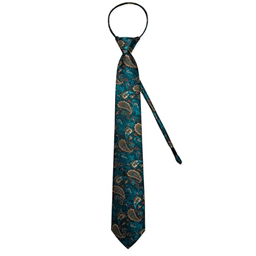 Image of DiBanGu Silk Zipper Ties for Men,Paisley Solid Plaid Pre-tied Tie and Pocket Square Cufflinks Set Formal Adjustable Necktie