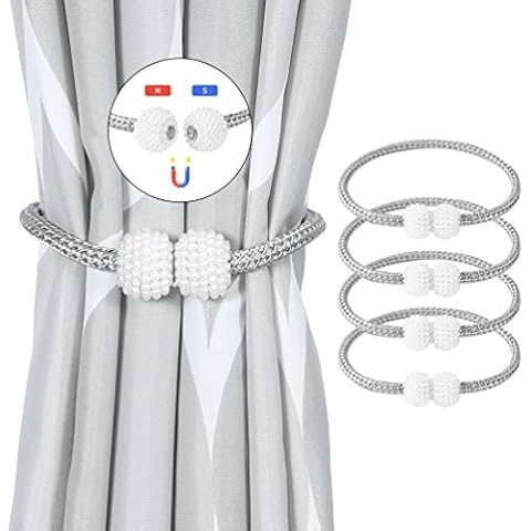 ROSNONG Magnetic Curtain Tiebacks Clips(4 Pack),Curtain Tie Backs,Modern Pearl Curtain Drapes Clips Rope Holdbacks Curtain Holder Buckles,Weave Rope Drape Tie Backs For Home Office Decorative Cover