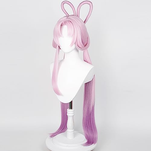 Image of Chinese Ancient Style Wig Anime Pink Purple Gradient Wigs Women Long Straight Wig with Ponytail Bangs Buns COS Game Cosplay Wigs Halloween,Christmas,Comic con,Game Show,Party