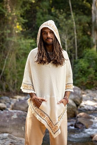 AJJAYA VECHO Poncho Beige Mens Hooded Vegan Textured Cotton with Hood Block Printed Tribal Pattern Gypsy Festival Boho ritual2