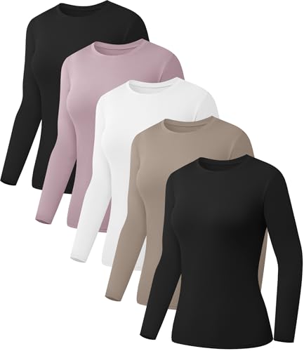 Kinglaman 5 Pack Womens Basic Long Sleeve Shirts Crew Neck