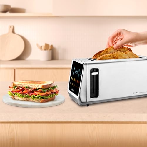 Robustes Edelstahlgehäuse des Ufesa Duo Plus Toasters mit One-Touch-Tasten für Auftauen