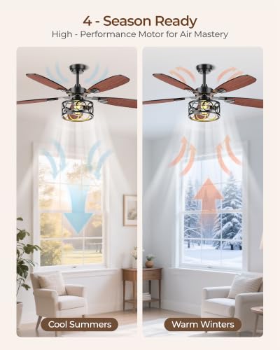 Image of Ceiling Fans with Lights and Remote, 42'' Vintage Caged Ceiling Fan with Light, 5 Blades, 6+1 Speed, Flush Mount Ceiling Fan Whisper-quiet for Farmhouse, Living Room, Kitchen and Porch (42 Inch)