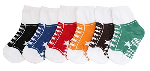 CUTE 6 PACK OF BABY BOYS GIRLS STAY ON SOCKS, BASEBALL TRAINER STYLE ANTI SLIP GRIPS SOCKS AGE 0-6 MONTHS (Pack of 6 Baseball Socks 0-6 Months)