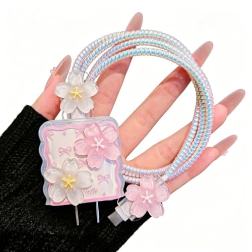 Línea de datos protegida con protector de cargador iPhone flores rosa