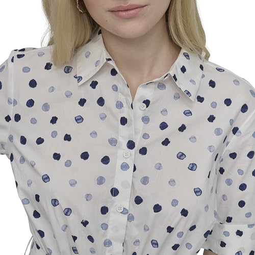 Image of DKNY Women's Short Sleeve Cotton Poplin Collared Midi Shirtdress