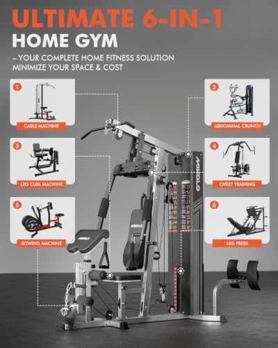 Image of Mikolo Home Gym, Workout Station with 150LBS Weight Stack, Multifunctional Home Gym Equipment, Exercise Equipment for Full Body Strength Training