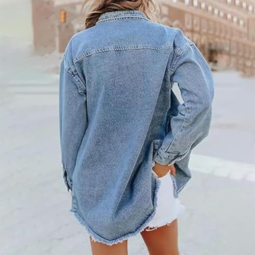Meditatem Denim Jacket,Oversized Button Up Frayed Hem Shacket Streetweard Outerwear Casual Denim Button Distressed Jacket4
