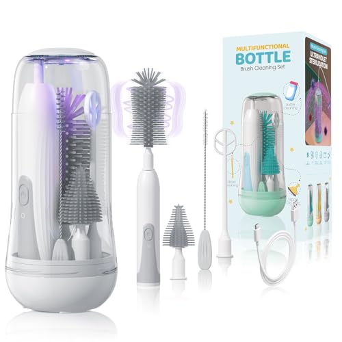 Image of IvyWind Electric Travel Baby Bottle Brush Set with Storage Box, Automatic Bottle Cleaner Brush Kit with Silicone Bottle/Nipple/Straw Brush, Milk Frother Electric and Drainage Rack, Rechargeable, Gray
