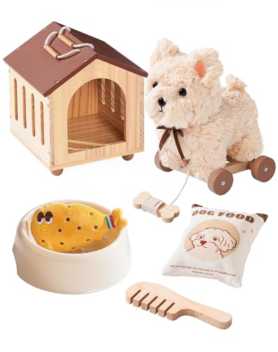 Image of ROBOTIME Pull Dog Toy for Toddlers, Puppy Pet Care Pretend Play Set with Stuffed Animal, Dog House & Accessories, Walking Pull Along Toy, Educational Plush Gift for Boys and Girls