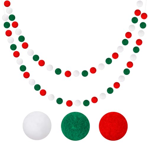 G2PLUS Grinalda de pompons 2 peças Natal Pom Pom Garland inclui 60 bolas de feltro para quarto infantil festa de aniversário decoração de parede (verde vermelho + branco)