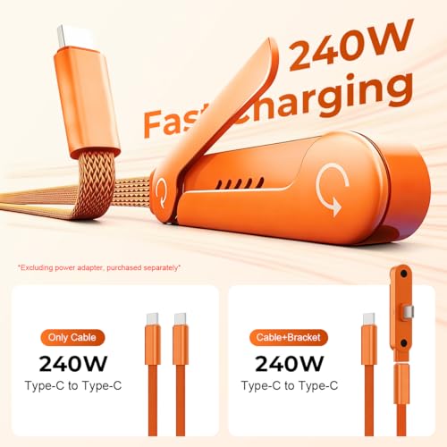 Image of Verilux 240W Type C Cable Fast Charging & Type C Connector with Foldable Phone Stand, 1.5M /4.9Ft Flat PVC USB C Cable with 480Mbps Data Transfer for iPhone 17 /16 /15, Galaxy S26 /S25 /S24
