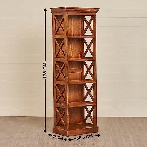Image of Moracco Solid Wood Bookshelf - 5 Shelf Designer Floor Standing Bookcase with Mango Wood and Honey Finish for Home and Office Library Ideal for Home Decor