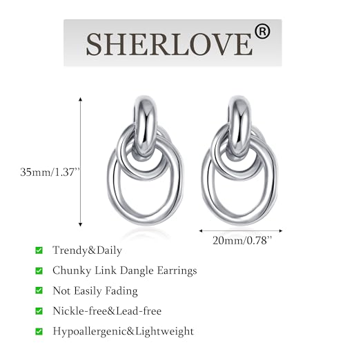 Image of SHERLOVE Trendy Silver Geometric Link Earrings for Women Chunky Statement Drop Dangle Earrings Lightweight Hypoallergenic Fashion Silver Jewelry