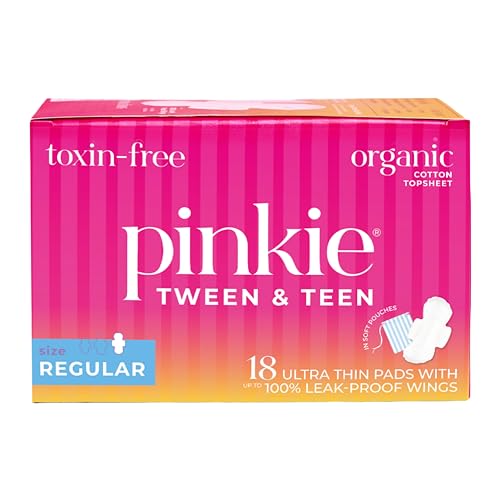 Pinkie Period Starter Pads - Designed for Smaller Underwear - Organic Cotton Topsheet Tween & Teen Pads with Wings - Chlorine Free & Fragrance Free - Teen Regular, 18 Count