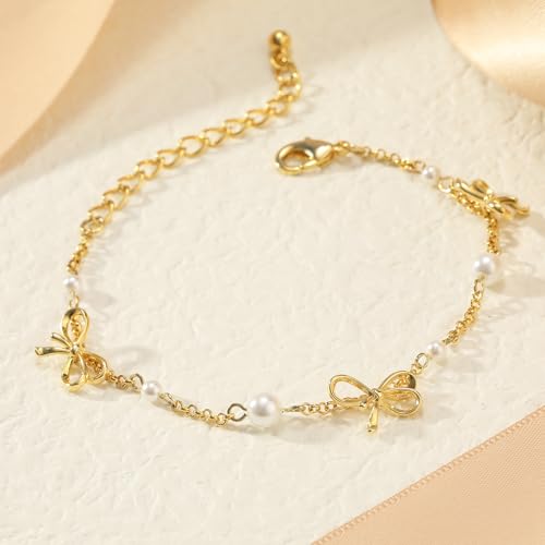 Gold Bow Knot Link Bracelet for Women with Pearl Cute 14K Gold Plated Bowknot Bracelet Elegant Bow Charm Bracelet Dainty Bow Tie Ribbon Bracelet Summer Party Trendy Jewelry Gift for Women4