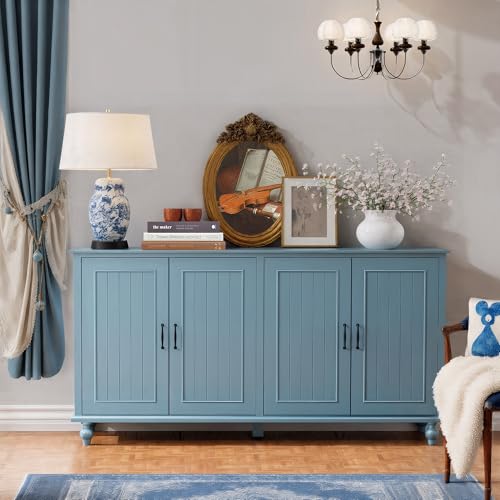 Scurrty Buffet Cabinet with Storage, 62'' Coffee Bar in Kitchen, Buffet with 4 Doors,Sideboard Buffet Cabinet for Dinning Room, Kitchen & Living Room (4 Doors, Blue)