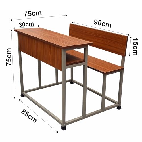 Image of ALKOSIGN Dual Student Bench with Shelf - Prelam Particle Board Natural Teak Top with Beige Powder Coating 90 CM | for Classes 3rd to 7th | for School Classroom, Tuitions etc