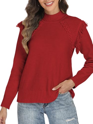 Women's Sweaters Fall Winter 2025 Trendy Mock Neck Fringe Tops Cable Knit Pullover Western Outfit3