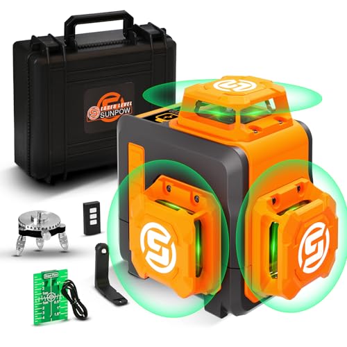 SUNPOW Laser Level 3x360° Self Leveling, Green Beam Cross Line Laser Level Tool for Construction & Picture Hanging - Build-in Li-ion Battery, Type-C Charging, Remote Control