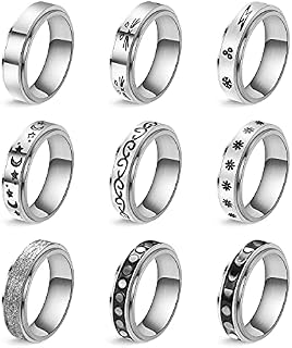 9pcs Stainless Steel Spinner Rings Set for Women Men, Flower Moon Star Lightning Glossy Sandblast Finish Spinner Fidget Ring, Rolling Band Fidget Fashion Rings for Valentine Birthday Gift (Size 8)