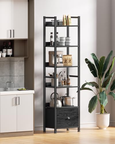 Image of Furologee 6 Tier Bookshelf, Tall Shelf with Drawer, Wood and Metal Bookshelves Storage Organizer, Industrial Display Shelving Unit for Bedroom, Living Room, Home Office, Black Oak