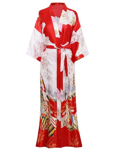 Image of PRODESIGN Kimono Robe for Women - Long Satin Sleepwear Silky Kimono Cover-Up Nightgown Japanese Bathrobe Loungewear Blouse