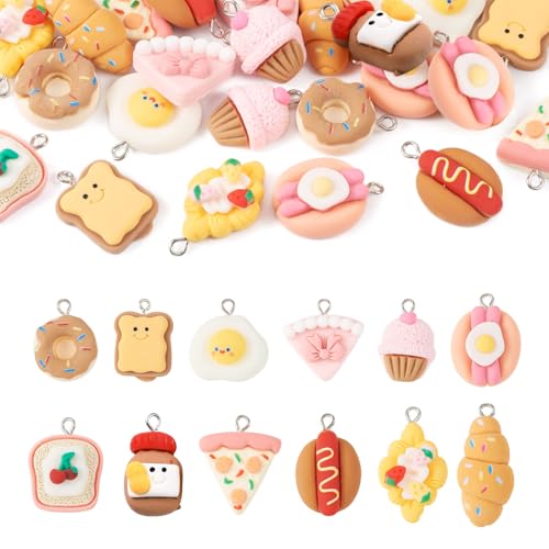 Boutigem 24Pcs Imitation Food Resin Charms Hot Dog Pizza Cup Cake Fried Egg Croissant Donut Bread Dangle Pendants Fast Food Dessert Charms Cute Hang Ornament for DIY Crafts Keychain Jewelry Making