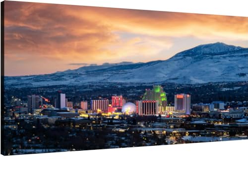 XidexFara Canvas Wall Art for Living Room Bedroom Reno Nevada city skyline at sunset during winter snowy mountains the Big Large Wall Art Decor Framed Painting Wall Pictures Prints Artwork Office