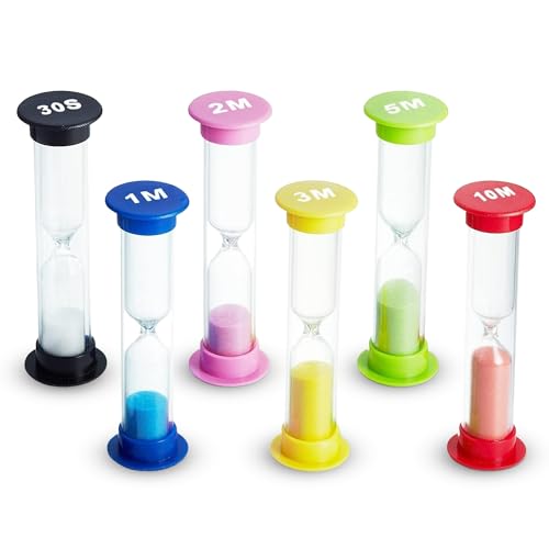 Sand Timer Set of 6 Colorful Hourglass Sand Clocks (30s/1/2/3/5/10 Min) Visual Aid for Kids Toothbrush Time Keeper Classroom Essentials for Teachers