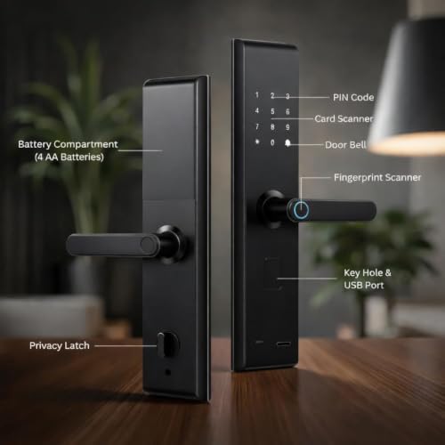 Image of AERYS Smart Door Lock | 4-in-1 Digital Lock with Fingerprint, RFID, PIN & Key | Triple Cylinder Security (3X Safer) | Black | Main Door Lock for Home & Office | 3-Year Warranty + Free Installation