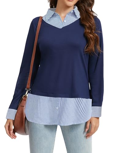 Image of Oyamiki Women's Casual Collared Curved Hem 2 in 1 Pullover Tops Plaid Contrast Shirt Blouse