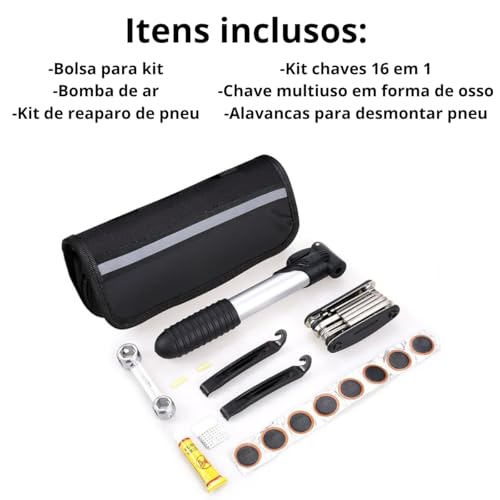 Kit de Ferramentas para Bicicleta, Chaves, Remendo para Pneus, Bomba de Ar, Bolsa para Quadro