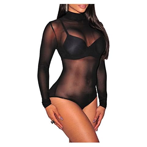 New Womens Ladies Sexy Turtle Polo Neck Sheer MESH Long Sleeve Bodysuit Leotard (Black, M/L 12-14) Cover