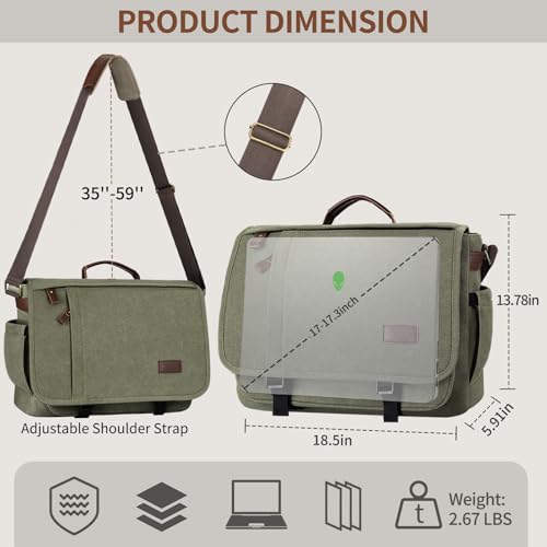 Image of ESTARER Men's Messenger Bag 17.3 Inch, Water-resistant Canvas Laptop Bag, Computer Shoulder Bag for College Travel Work, Army Green