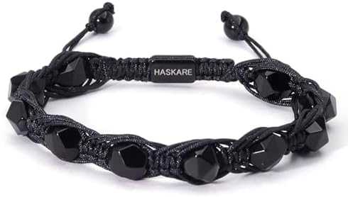HASKARE Protection Crystals Black Mens Beads Bracelet, Natural Obsidian Handmade Jewelry Faceted Beaded Bracelet for Men, Drawstring Unique Crystal Stone Bracelet for Dad Father Son
