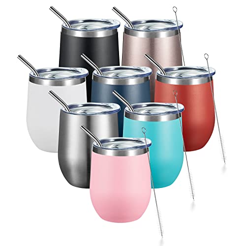 COMOOO Stainless Steel Wine Tumbler with Lid and Straw 12oz Double Wall Vacuum Insulated Travel Tumbler Cup for Coffee, Wine, Cocktails, Champagne (Mix color,8 Pack)