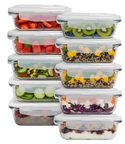 Kit 10 Potes de Vidro Herméticos 640ml Retangular - Refratário Borossilicato para Forno, Freezer e Micro-ondas - Marmita Livre de BPA - Tampa com Trava (Kit 10 Potes)