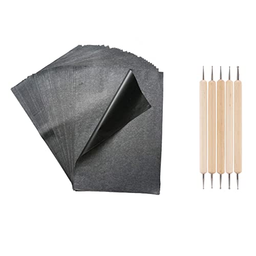 Papel de Carbón,100 Hojas Negro Papel Transferde Papel de Calco con 5 Pcs Styluses de Relieve para Madera,Papel,Cerámica